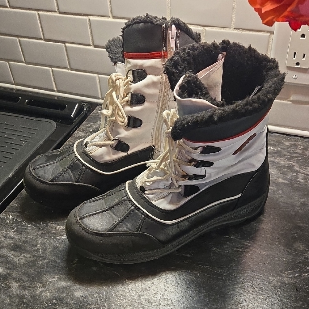 Weatherproof Black and White Winter Boots with Red Trim